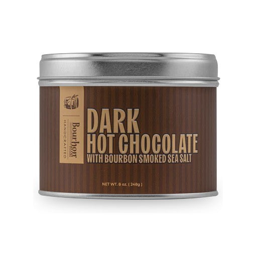 An 8 oz tin of Bourbon Barrel Foods Dark Hot Chocolate with Bourbon Smoked Sea Salt.