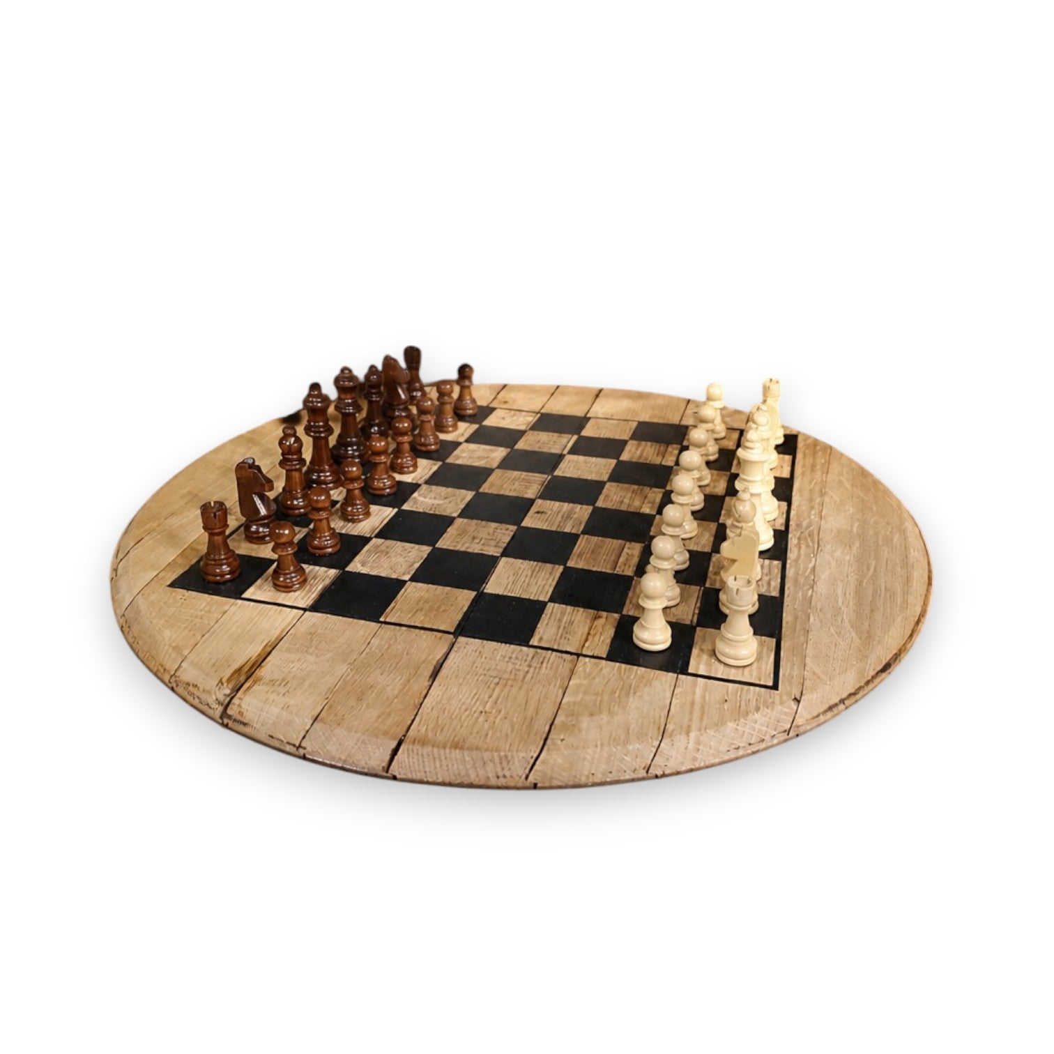 Warm natural wood grain and one-of-a-kind character of the reclaimed whiskey barrel head chessboard.
