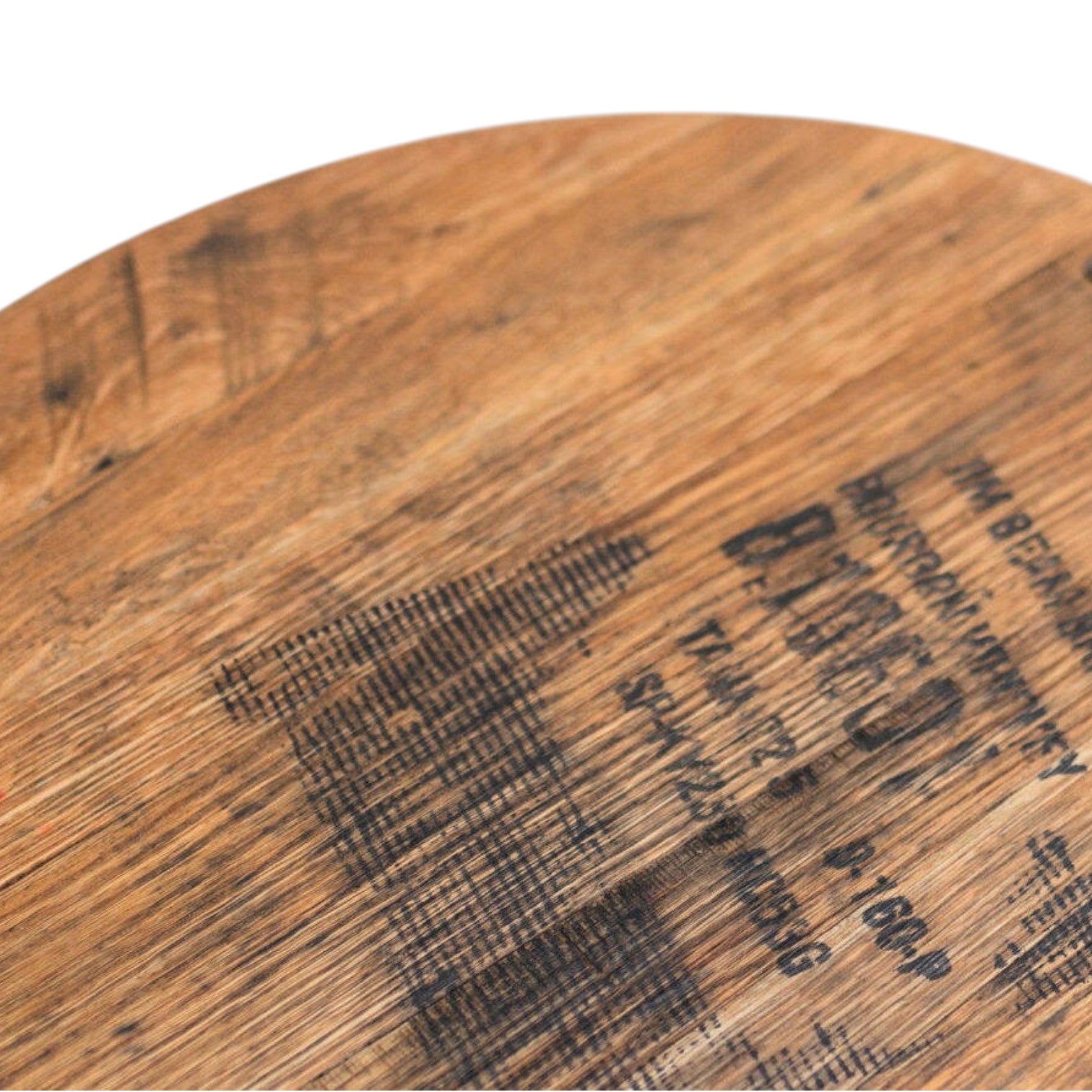 Close-up of the original cooperage and distillery stamp on the reclaimed Bourbon Barrel Head Tray.