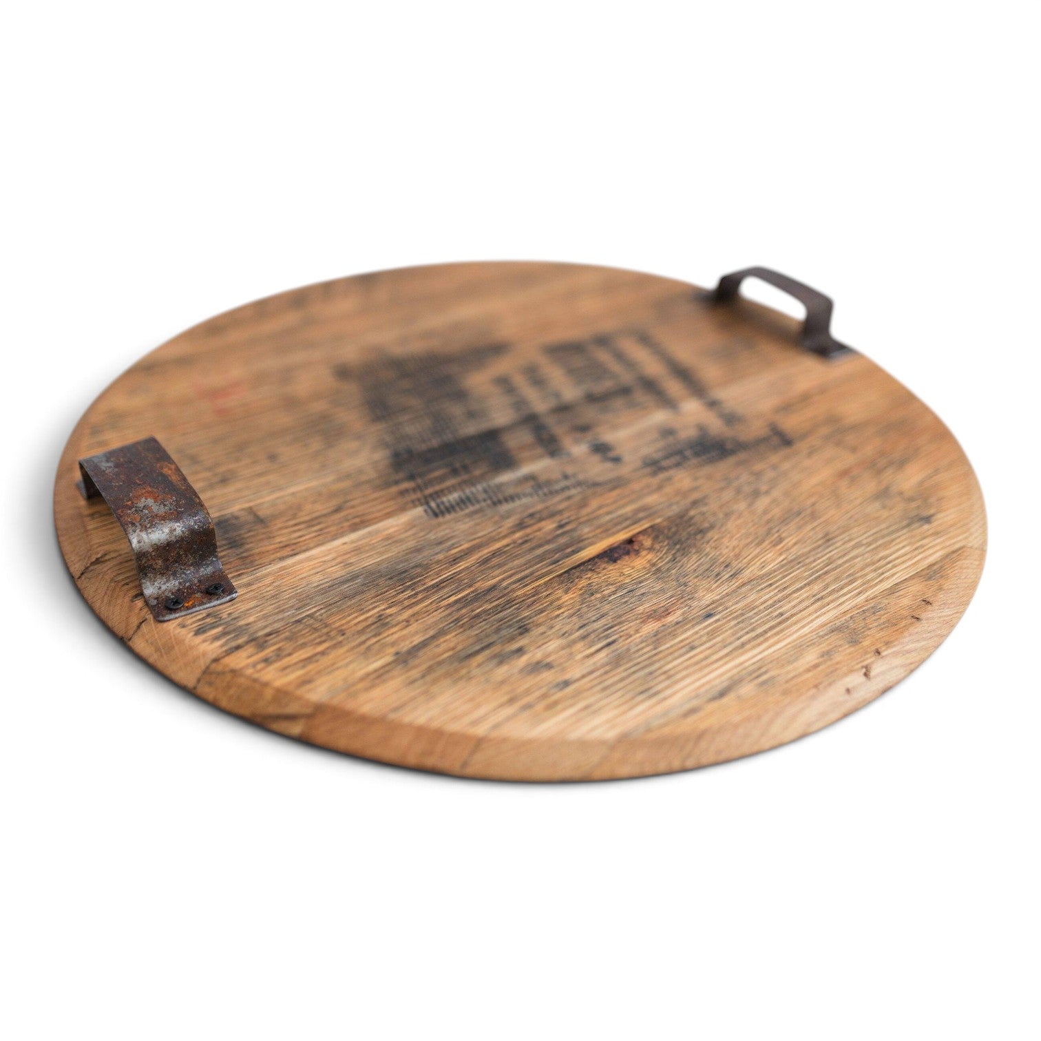 Bourbon Barrel Head Tray handcrafted from a reclaimed Kentucky bourbon barrel head with steel barrel-ring handles and natural wood grain.