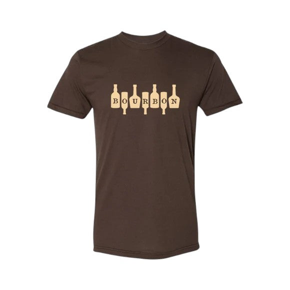 Brown t-shirt with 'Bourbon' design on a white background