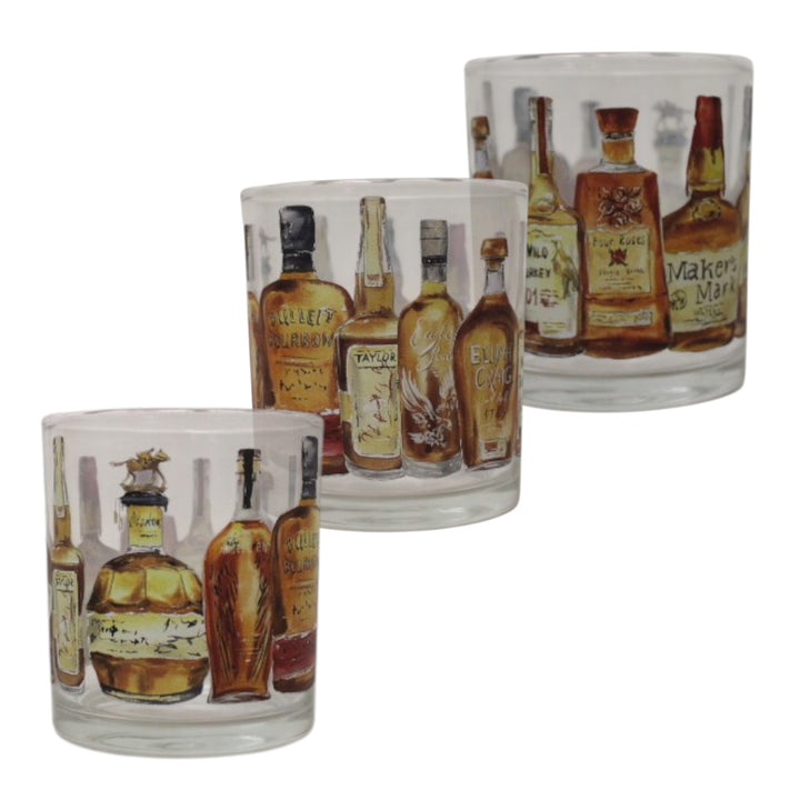 Three glass tumblers with whiskey bottle illustrations on a white background