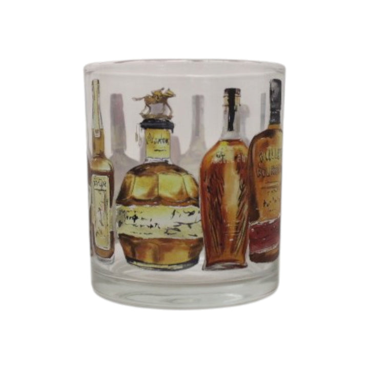 Glass tumbler with whiskey bottle illustrations on a white background