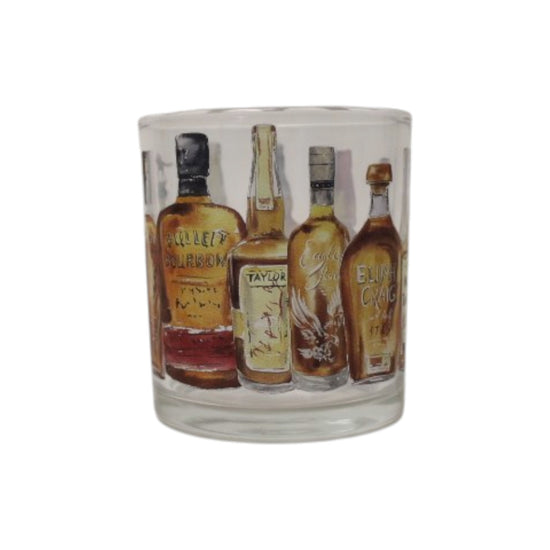 Glass tumbler with whiskey bottle illustrations on a white background