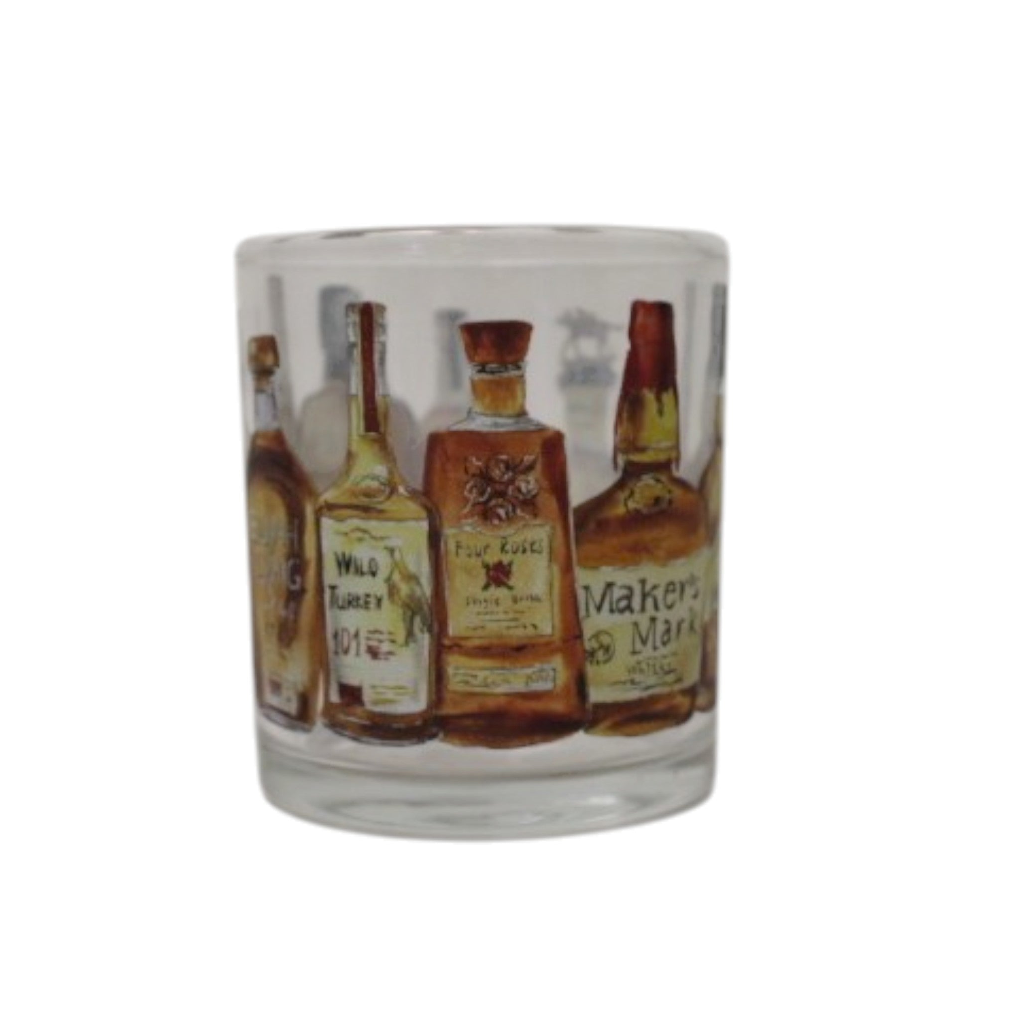 Glass tumbler with whiskey bottle illustrations on a white background