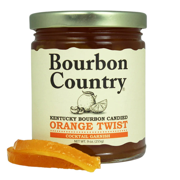 Jar of Bourbon Country Kentucky Bourbon Candied Orange Twist on a white background