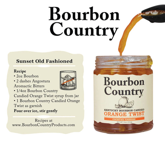 Bourbon Country Orange Twist syrup jar with recipe card on a white background