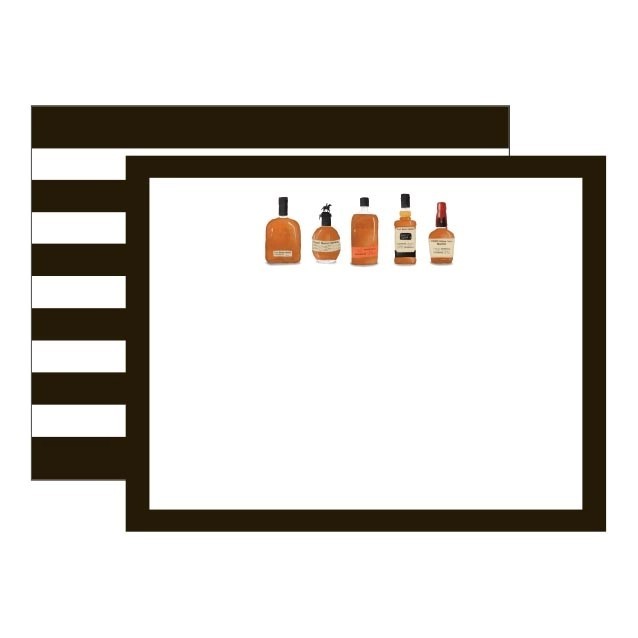 Five bottles of alcohol arranged in a row on a white background with black horizontal stripes.