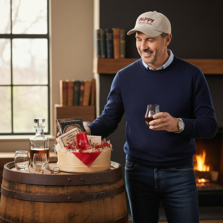 A sophisticated lifestyle shot of the Pappy tasting glass and book being enjoyed by a bourbon lover.