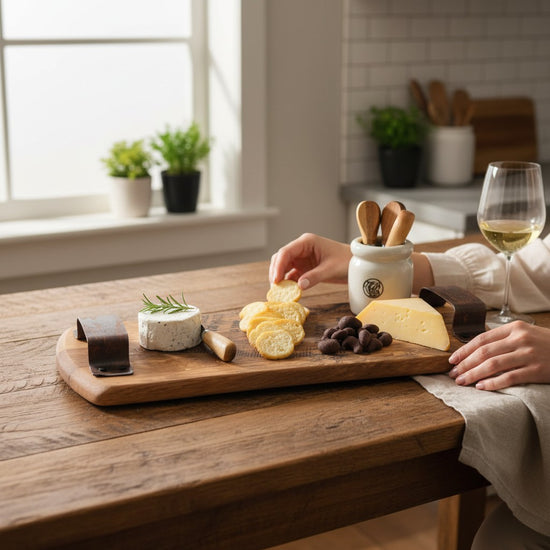 A wooden charcuterie board with cheese, crackers, and olives on a rustic wooden table, with a person's hands reaching in and a wine glass in the background.
