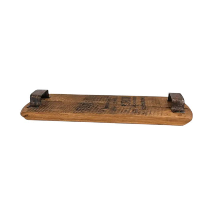 Bourbon Head Cheese Tray handcrafted from a reclaimed Kentucky bourbon barrel head with rustic metal handles and natural wood grain.
