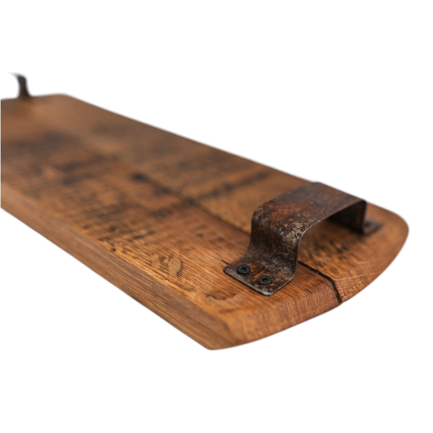 Detail of the rustic weathered metal handle attached to the end of the Bourbon Head Cheese Tray.