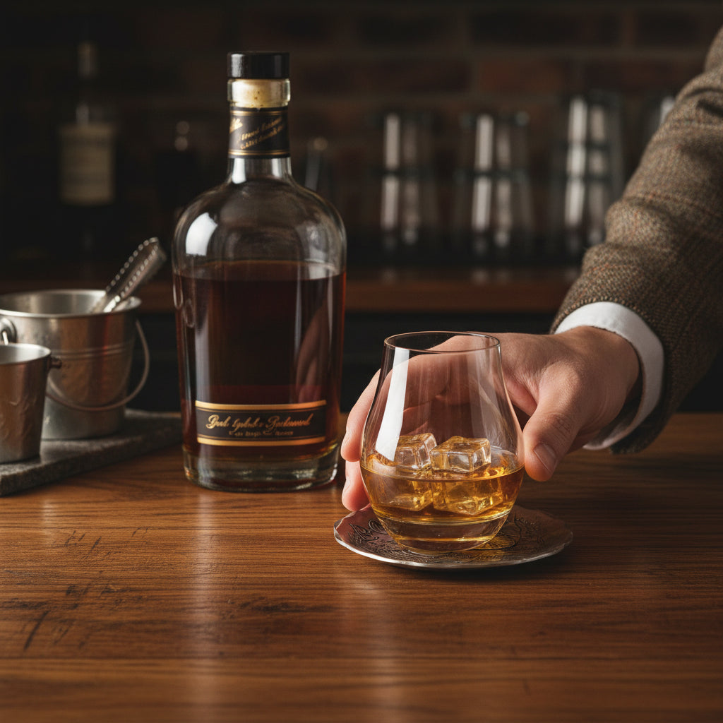 A lifestyle photo of someone placing their bourbon glass on the stylish Anatomy of a Bourbon Coaster.