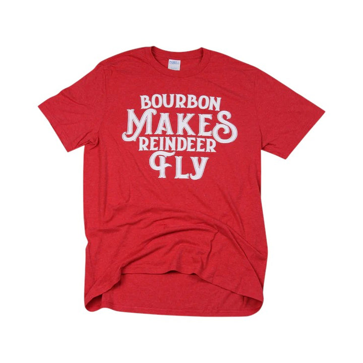 A red Bourbon Makes Reindeer Fly shirt displayed flat on a white background.
