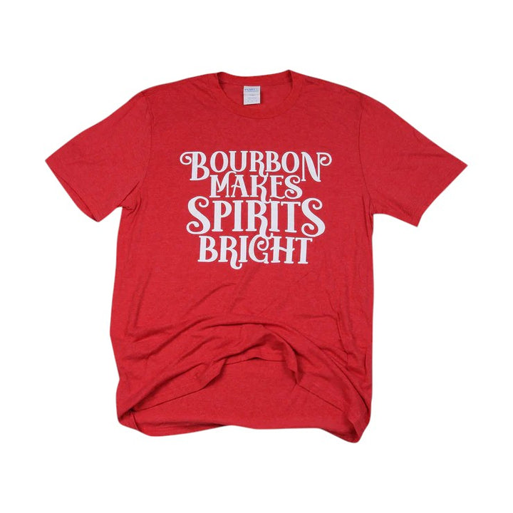 Red t-shirt with white text 'Bourbon Makes Spirits Bright' on a white background