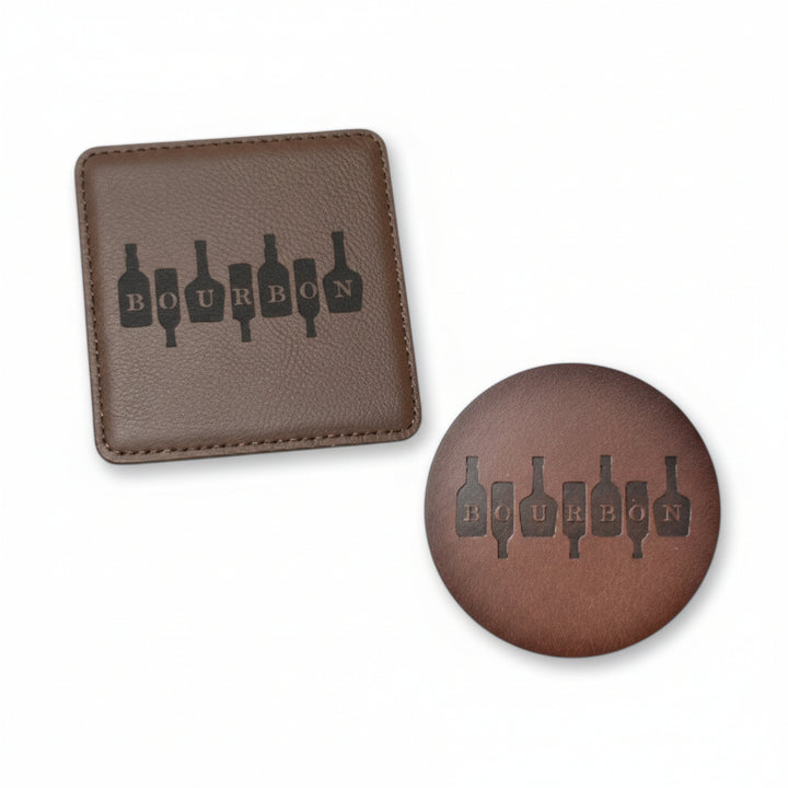 A pair of brown faux leather coasters, one round and one square, both featuring a debossed "BOURBON" bottle design on a white background.