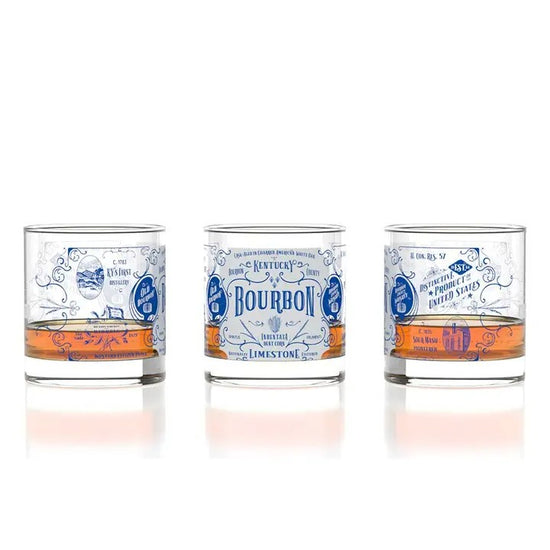 Kentucky Bourbon Origins rocks glass with vintage-inspired blue artwork.