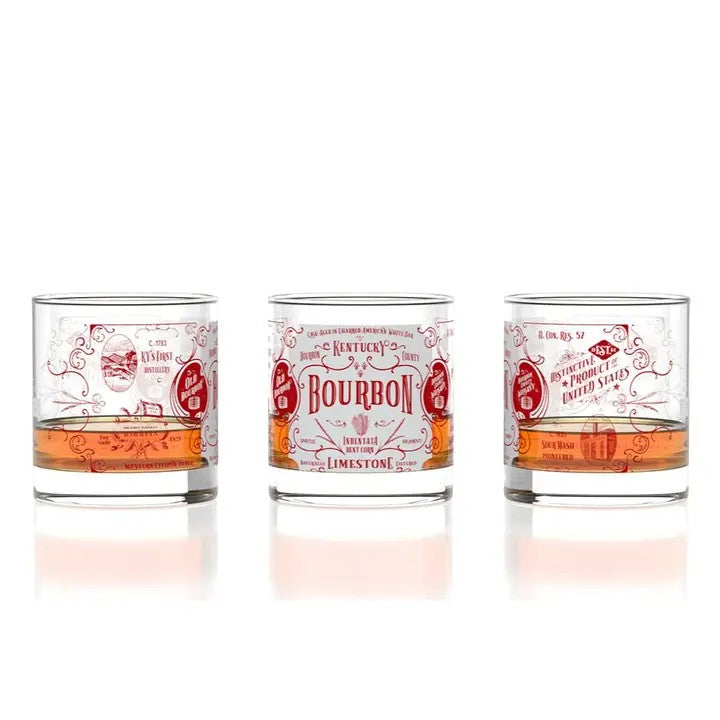 Kentucky Bourbon Origins rocks glass with vintage-inspired red artwork.