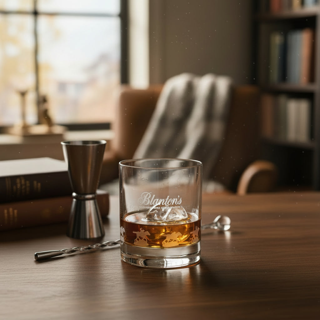 Amber-colored bourbon poured into the Blanton's Glencairn glass, highlighting the elegant etching.