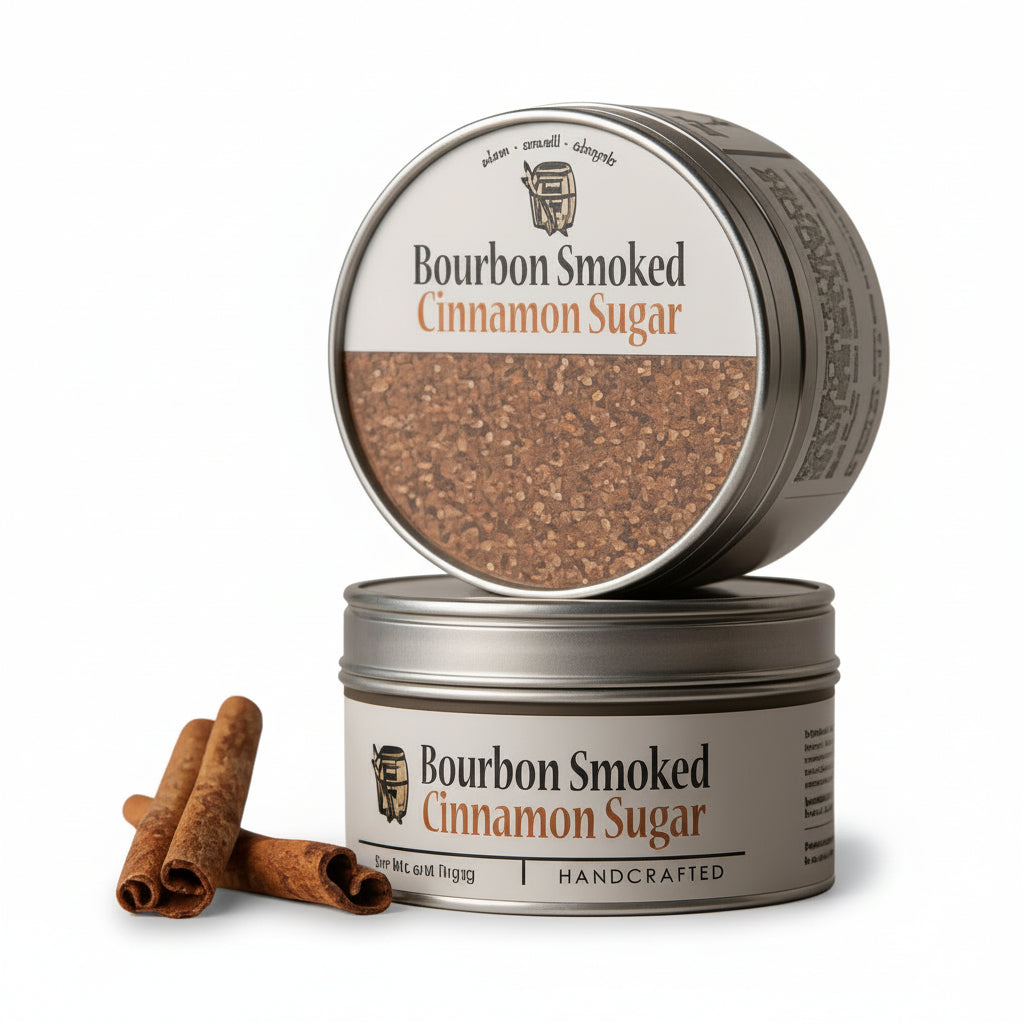 Two tins of Bourbon Smoked Cinnamon Sugar with cinnamon sticks on a white background