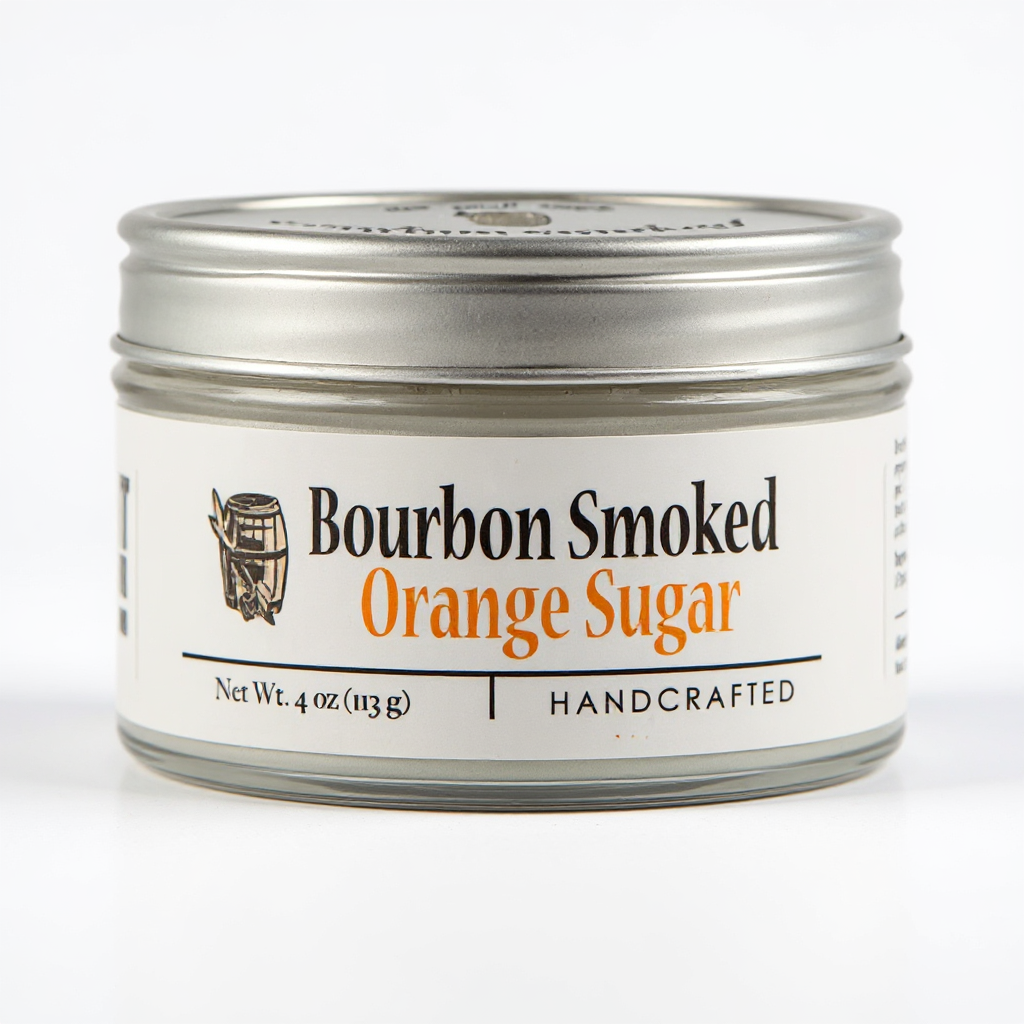 Jar of bourbon smoked orange sugar with a white label on a white background