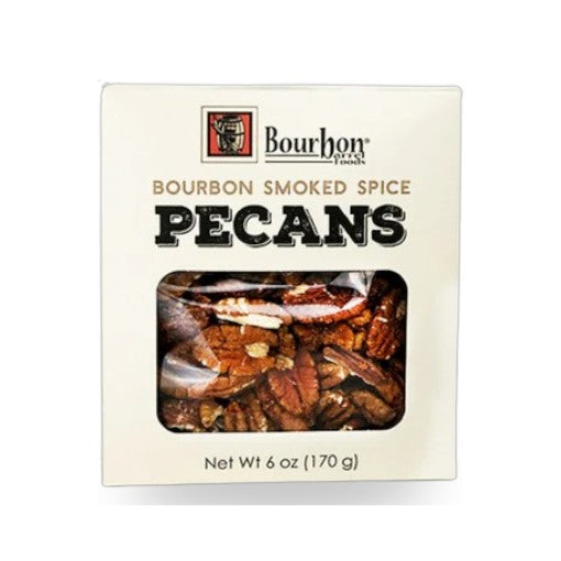 Box of Bourbon Smoked Spice Pecans with visible pecans on a white background