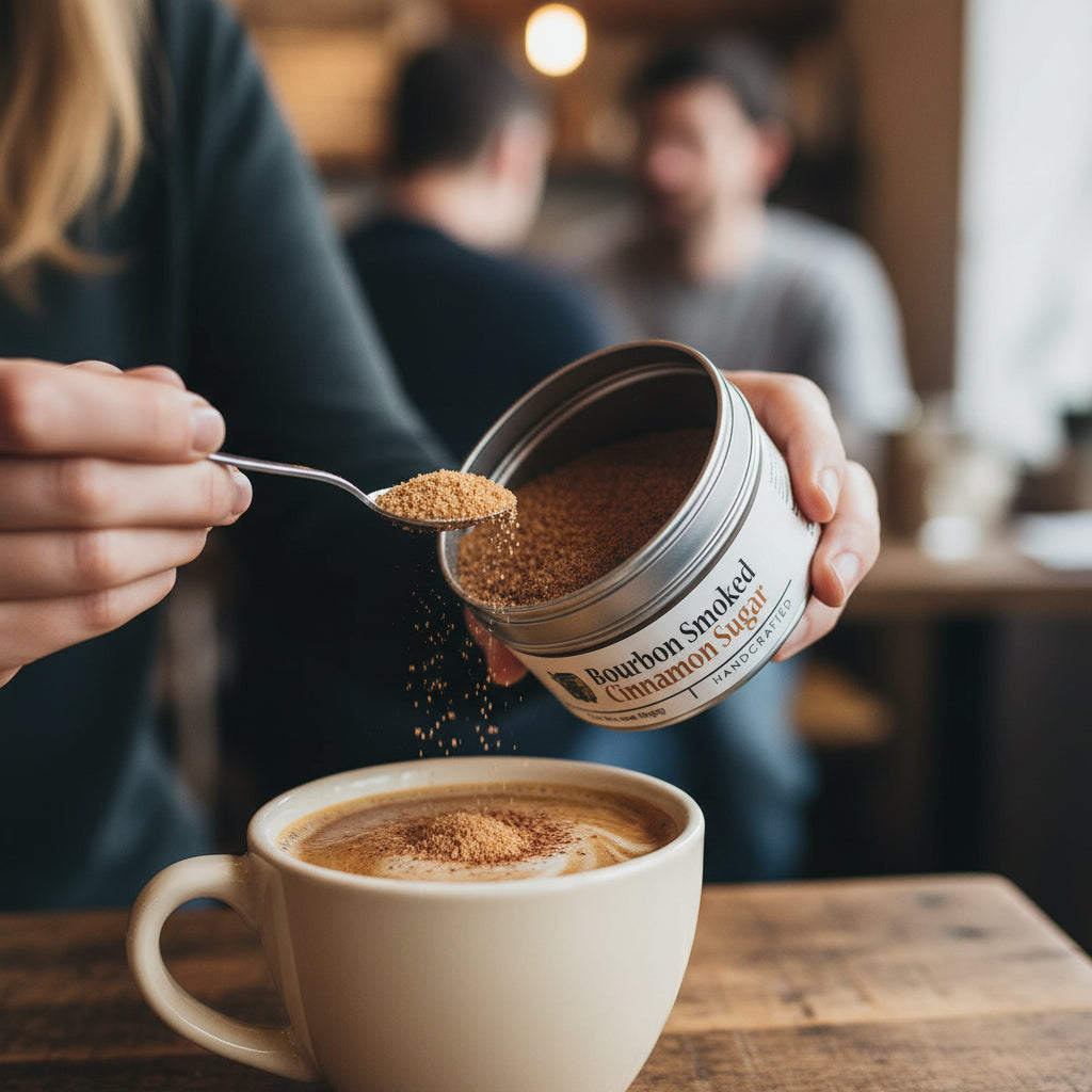 Person adding bourbon smoked cinnamon sugar from a container into a cup of coffee.