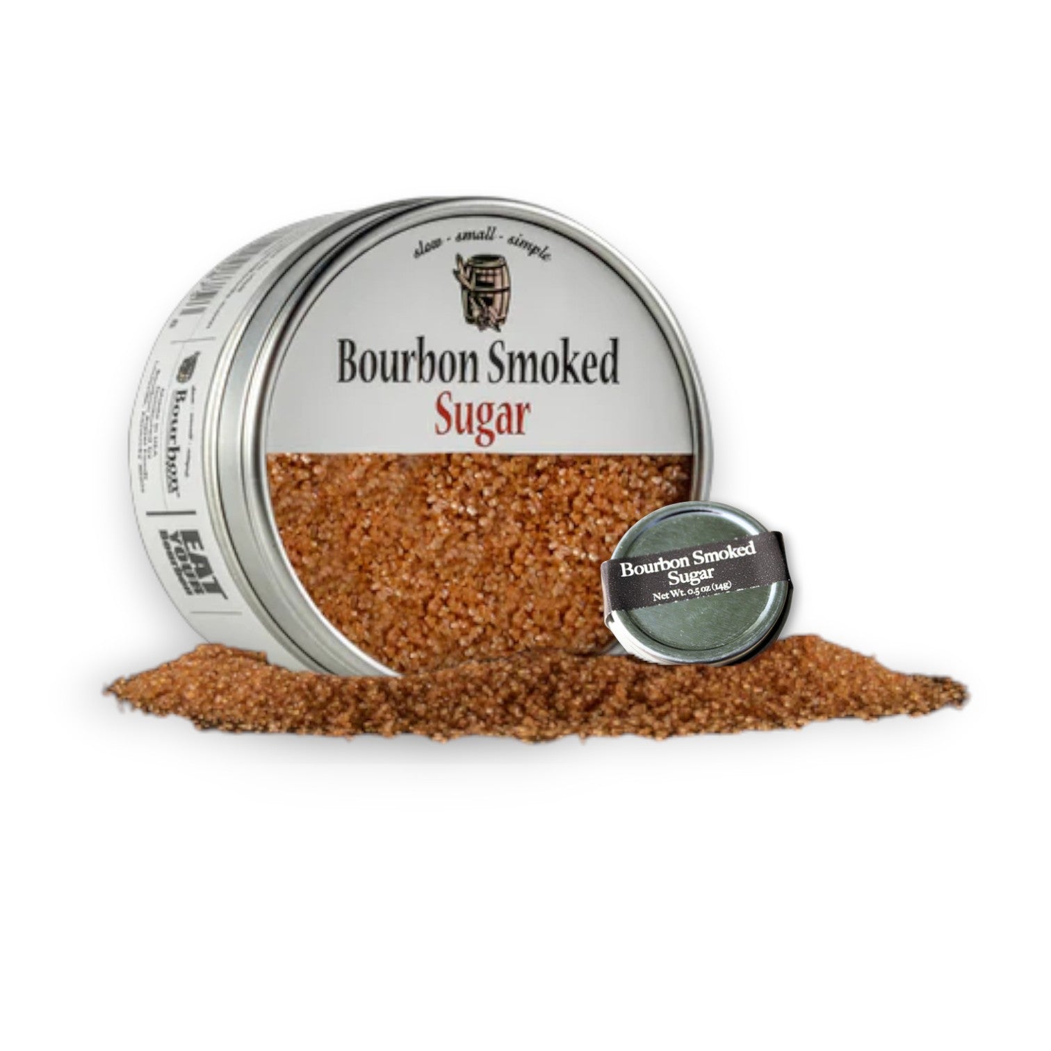 Bourbon Smoked Sugar container with sugar spilling out on a white background