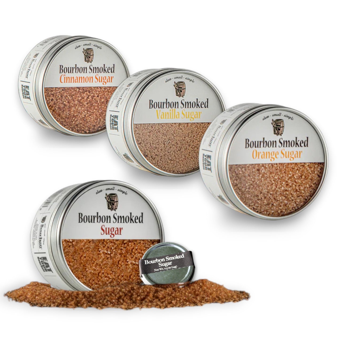 A collection of Bourbon Barrel Foods smoked sugar tins: Original, Cinnamon, Vanilla, and Orange.