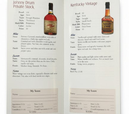 An interior page spread from the Bourbon Tasting Notebook, showcasing the layout for tasting notes and bourbon details.