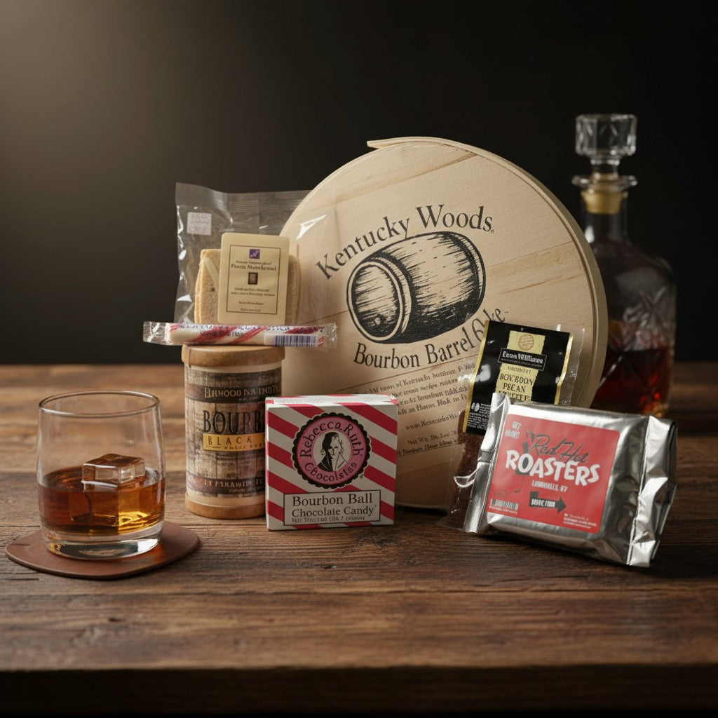 Assorted bourbon-themed items in the Let Them Eat Bourbon Gift Set, showing the cake, bourbon balls, shortbread, and coffee on a wooden table.