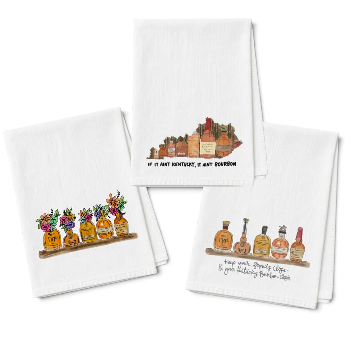 Bourbon Tea Towels | Kentucky-Themed 100% Cotton Kitchen Towels — If It Ain't Kentucky, Keep Your Bourbon Closer & Bourbon Flowers