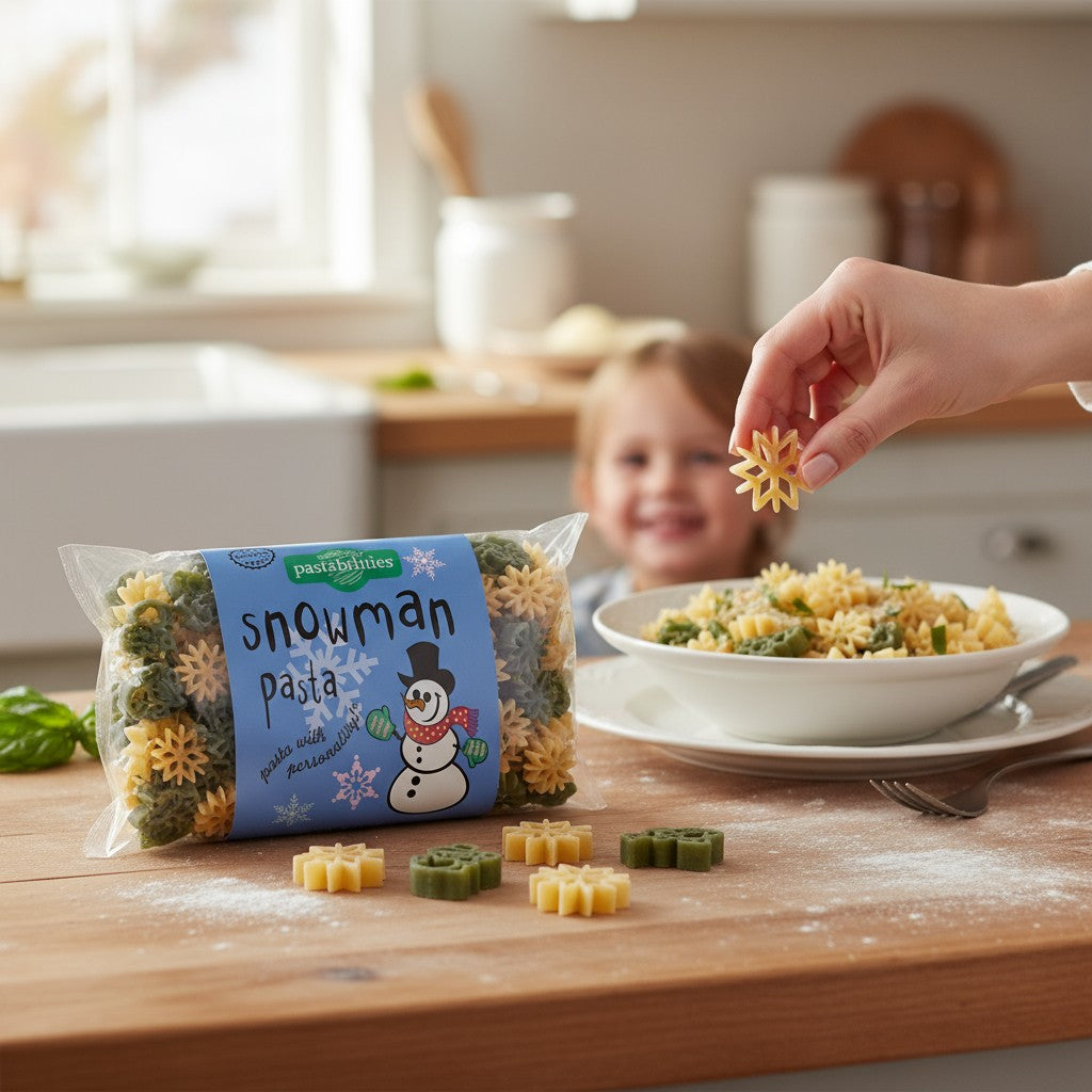 Snowman pasta packaging with a child in the background