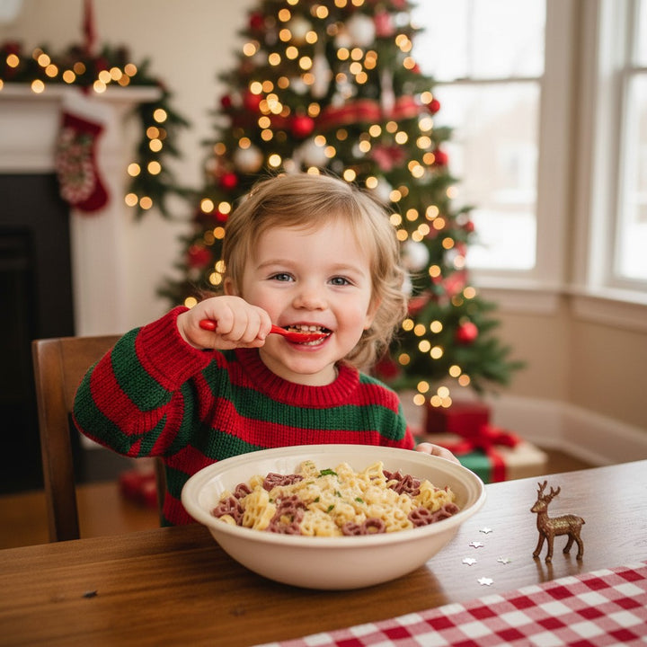 Child eating pasta in front of a Christmas tree