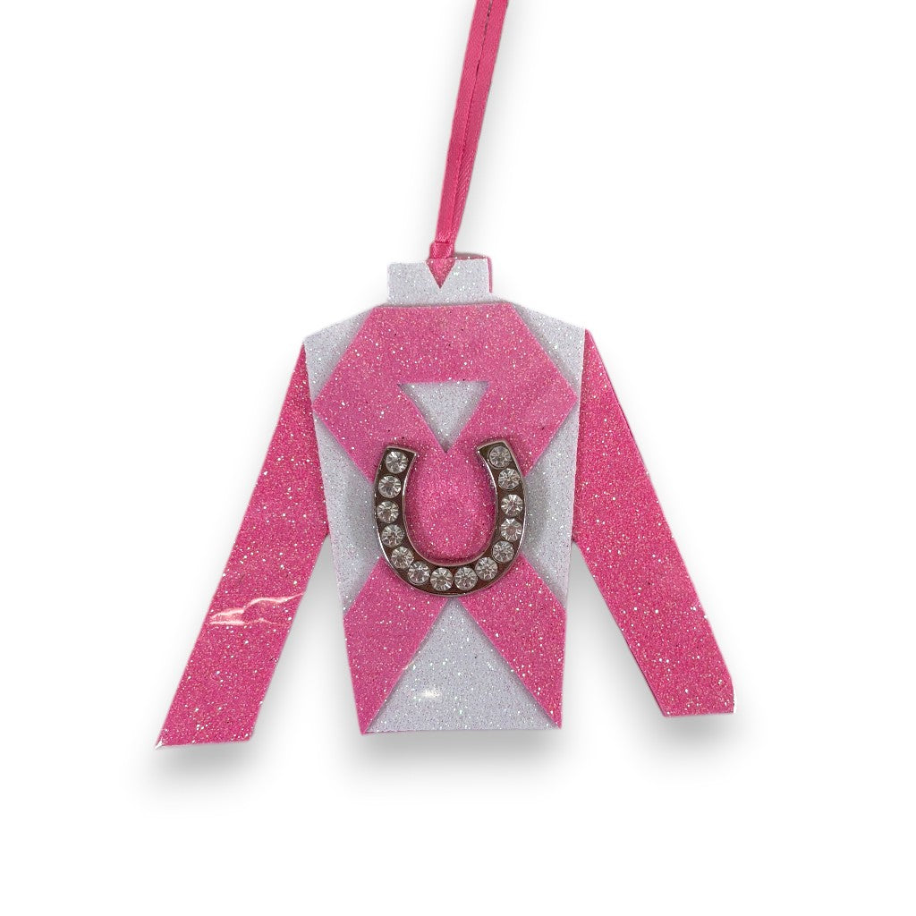Pink glittery jockey silk ornament featuring a pink Breast Cancer Awareness design with a ribbon detail.