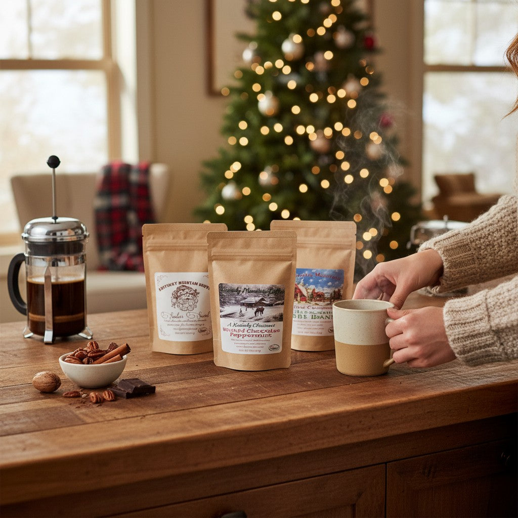 Person holding a mug with coffee beans and a Christmas tree in the background