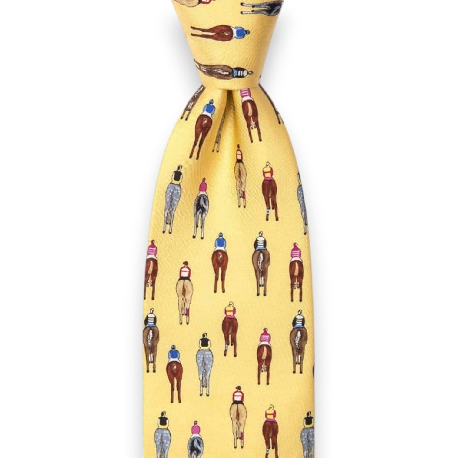 Yellow tie with horse and jockey pattern on a mannequin against a white background