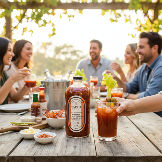 People enjoying a meal outdoors with Pappy Van Winkle's Bloody Mary Mix bottle on a wooden table.