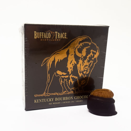 Buffalo Trace Kentucky Bourbon chocolate packaging with a chocolate product in front.