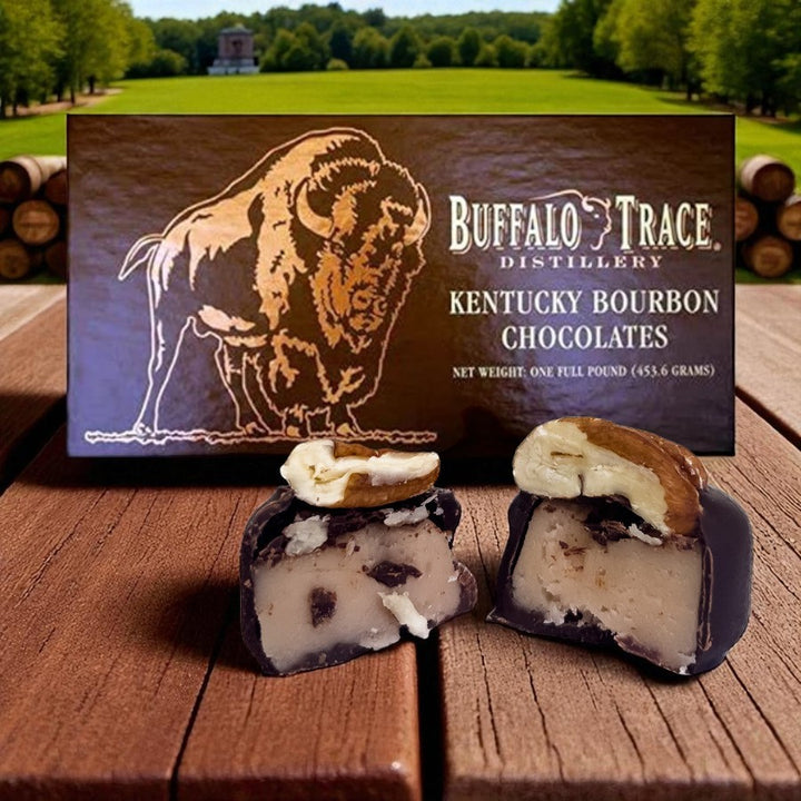 Buffalo Trace Kentucky Bourbon Chocolates on a wooden surface with a scenic background