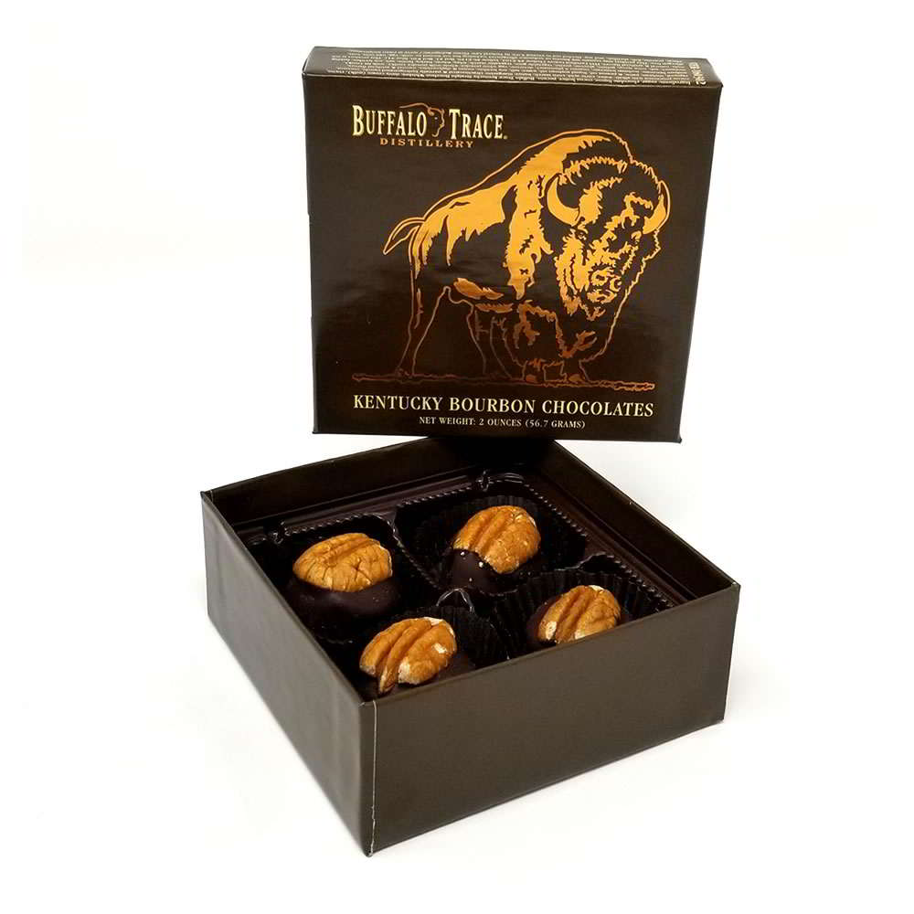 Box of Buffalo Trace bourbon chocolates on a white background