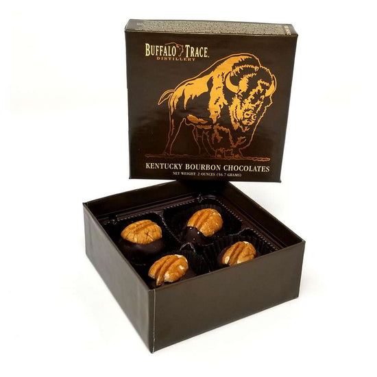Box of Buffalo Trace bourbon chocolates on a white background