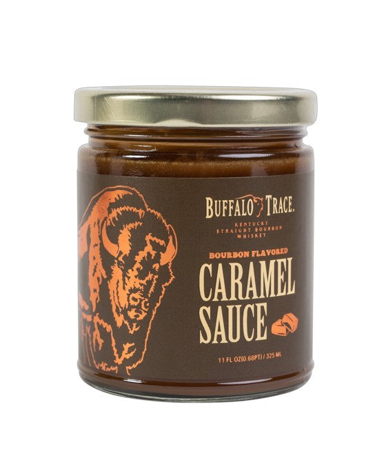 Jar of Buffalo Trace caramel sauce on a white background