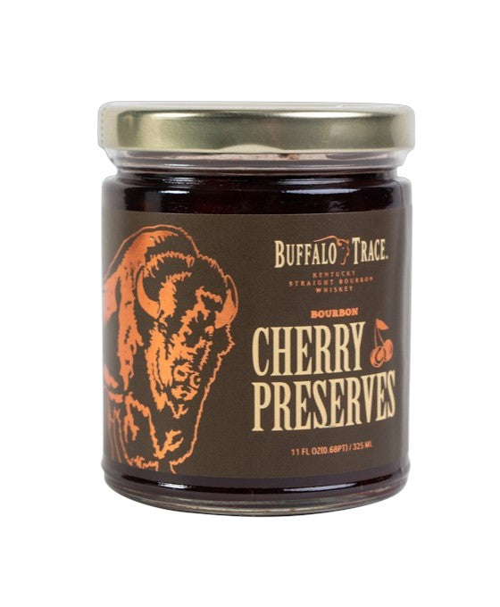 Jar of Buffalo Trace Cherry Preserves on a white background