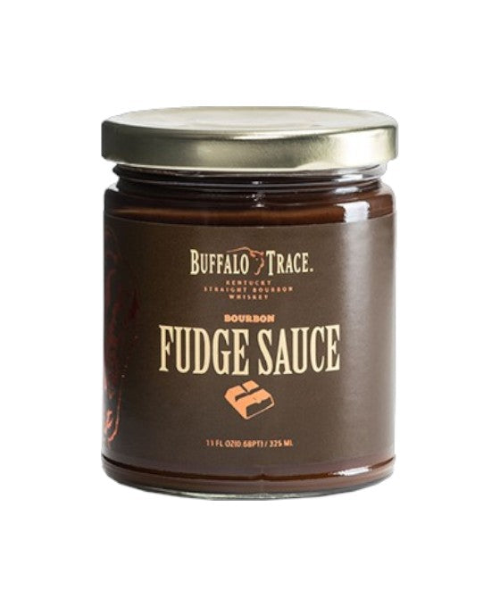 Jar of Buffalo Trace Bourbon Fudge Sauce on a white background