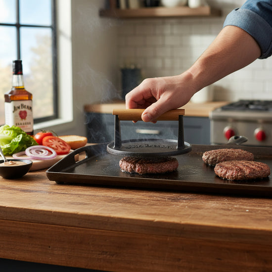 The Jim Beam® Cast Iron Burger Press searing a perfect burger patty on a hot grill.
