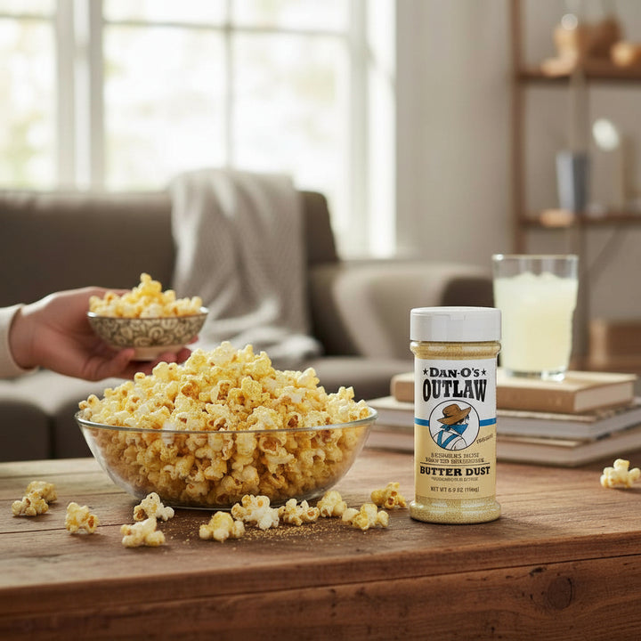 A large glass bowl of popcorn generously coated with Dan-O's Butter Dust seasoning.