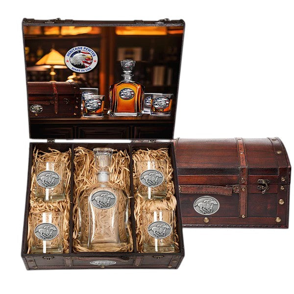 Whiskey set with bottles, glasses, and a wooden chest on a white background
