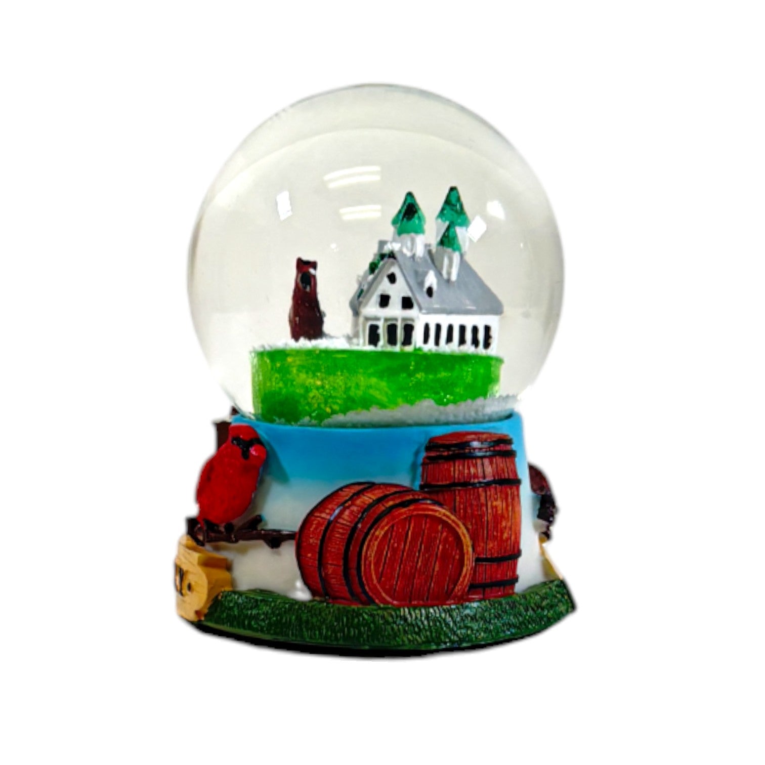 A close-up view highlighting the detailed horse, jockey, and cardinal on the snow globe's base.
