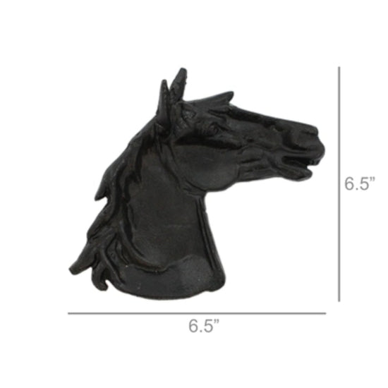 Black horse head sculpture with measurements on a white background